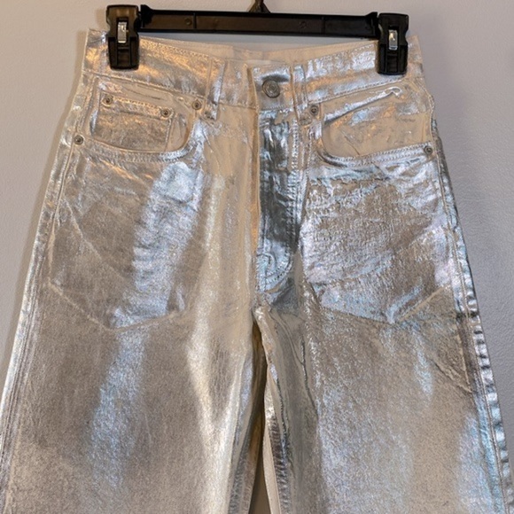 Zara Metallic Jeans NWOT Womens US 2 Silver The Boy Boy Fit Painted Blogger Fave - Picture 3 of 16